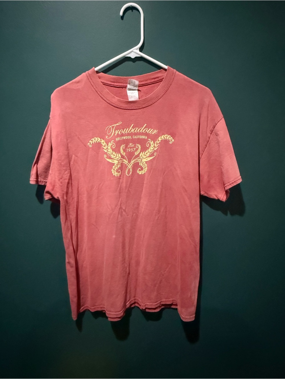 Gildan Short-Sleeve Crew Tee in Dusty Rose with Yellow Graphic